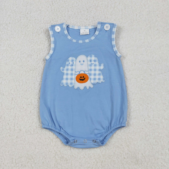 SR3197 baby pumpkin Ghost Embroidered  blue romper
