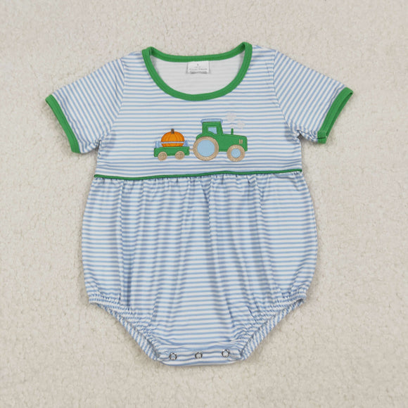 SR3201 baby boys short Sleeve embroidered pumpkin blue stripe romper