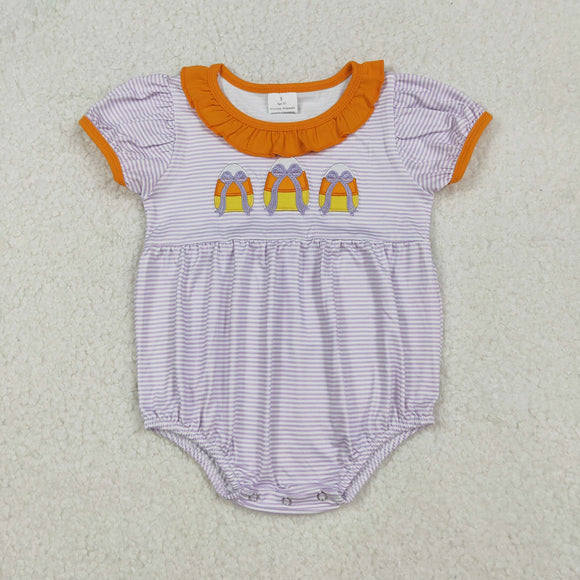 SR3202 baby girls short Sleeve Embroidered candy purple stripe romper