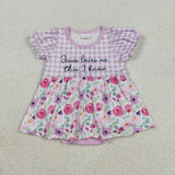 SR3343  baby girls purple checkered puff sleeve flower romper
