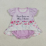 SR3343  baby girls purple checkered puff sleeve flower romper