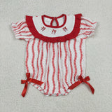 SR3345 baby girls red bow puff  smocked sleeve romper