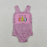 SR3414 baby girls fish purple embroidered checkered romper