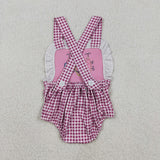 SR3414 baby girls fish purple embroidered checkered romper
