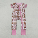 SR3763 baby girls bow cow pink short sleeves zipper romper