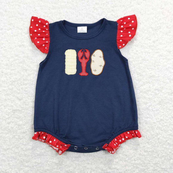 SR0739-- caryfish navy  embroidery girls bubble romper