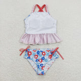 S0253---Red blue flower polka dots girls 4th of july swimsuit
