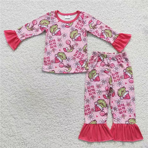 long sleeve Christmas cartoon pink girls outfits