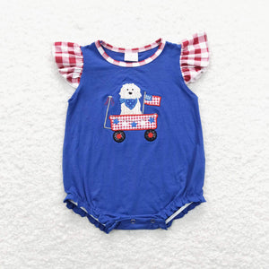 SR0748--4th of July blue dog girls romper