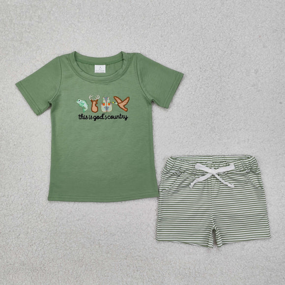 BSSO1108 Boys green embroidery stripe duck shorts Outfits