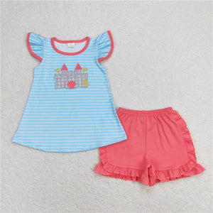 Stripe flutter sleeves embroidery castle top shorts girls clothes