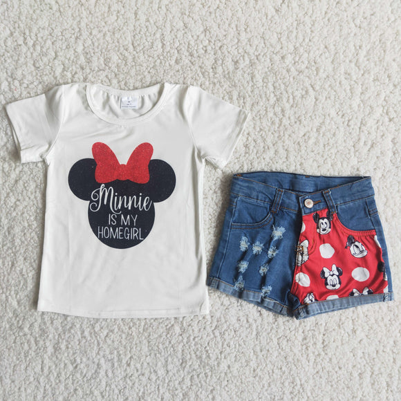 Bow tie girl top + jean patchwork shorts