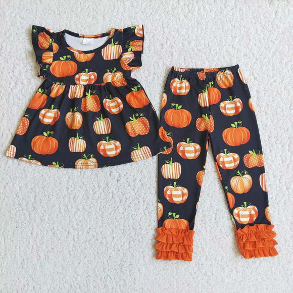 girls clothing halloween  pumpkin  short sleeve pantsuit