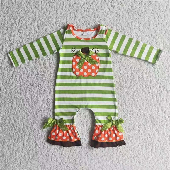 pumpkin toddler embroidery Green stripe romper