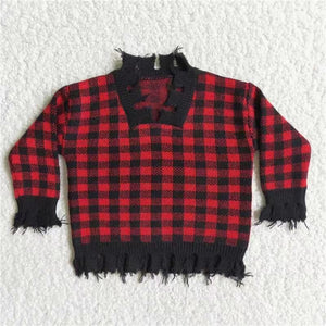 Cute girl Red grid sweater