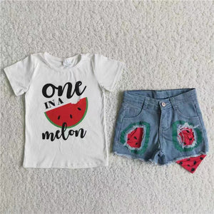 watermelon black top + denim patchwork shorts