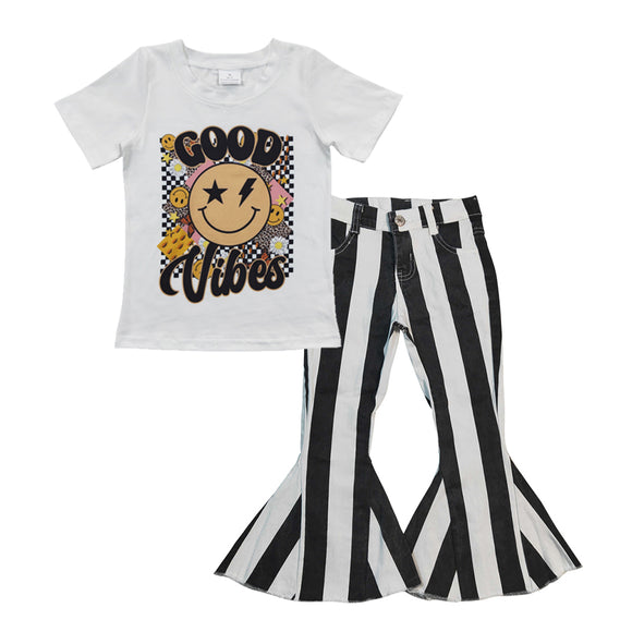 good vibes top +black stripe jeans outfits