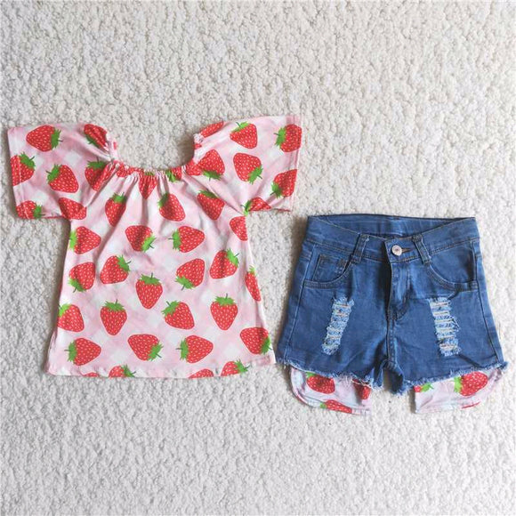 Strawberry top + jean patchwork shorts