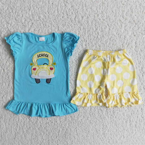 Embroidery back to school blue cute Girl's Summer outfits