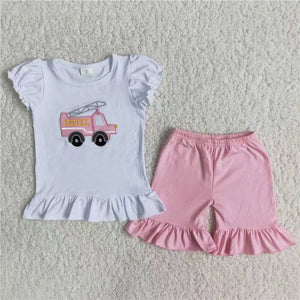summer pink car embroidery  girl's  outfits