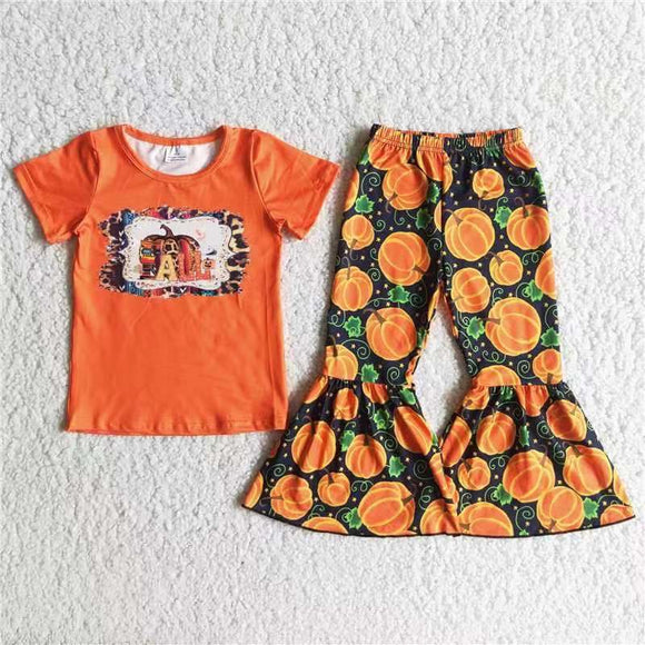 girls clothing Halloween orange pumpkin short sleeve pantsuit