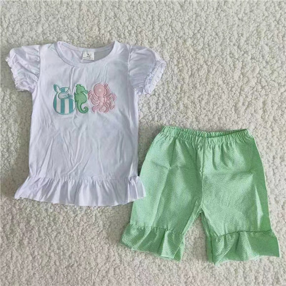 summer white and green embroidery  girl's  outfits