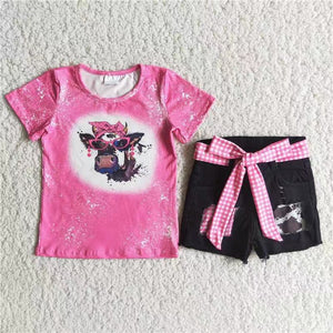 pink cow and jean patchwork shorts