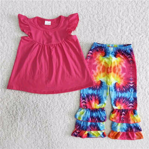 girl clothing Summer red Fly sleeve short sleeve  trouser outfits