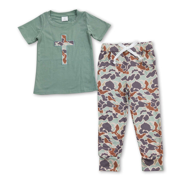 Cross embroidery top camo pants boys easter outfits