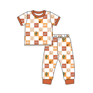 Short sleeves plaid howdy honey guitar boys pajamas