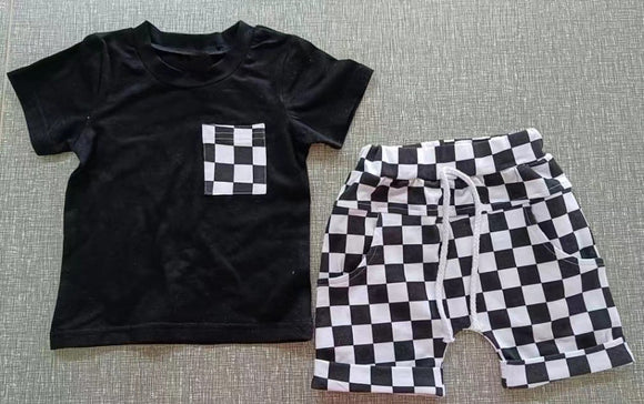 Black top plaid shorts kids boys summer outfits