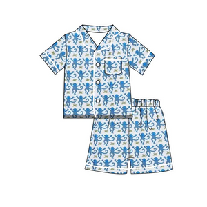 Short sleeves pocket blue  Preppy Dancing Monkey kids boys pajamas