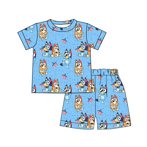 Short sleeves dog stars kids boys 4th of july pajamas