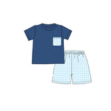 Short sleeves blue top plaid pocket shorts boys clothes
