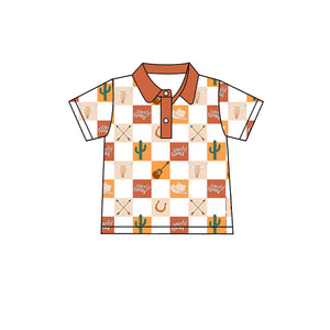 Howdy honey cactus bull skull plaid boys polo shirt