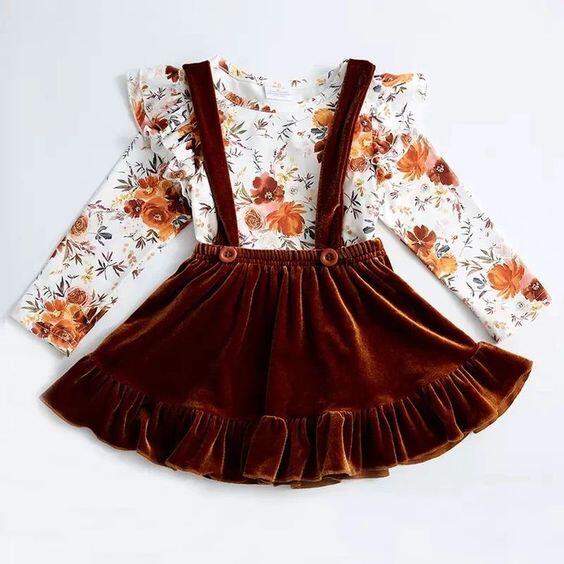 Autumn flower Brown girl skirt suit
