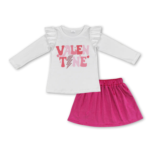 Valentine heart top hot pink velvet skirt girls outfits