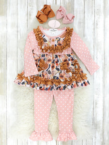 pink dot and brown ruffle  girls clothing