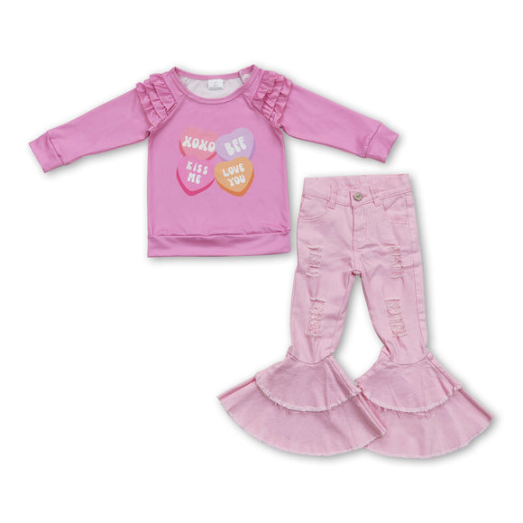 Heart ruffle top pink ruffle jeans girls valentine's outfits