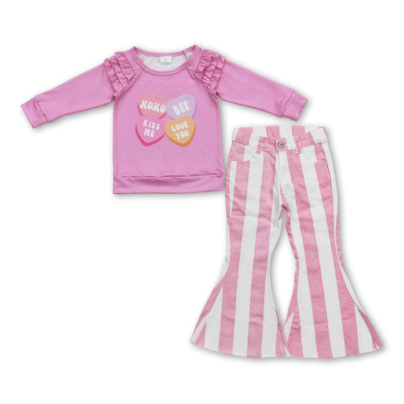 Heart ruffle top pink stripe jeans girls valentine's outfits