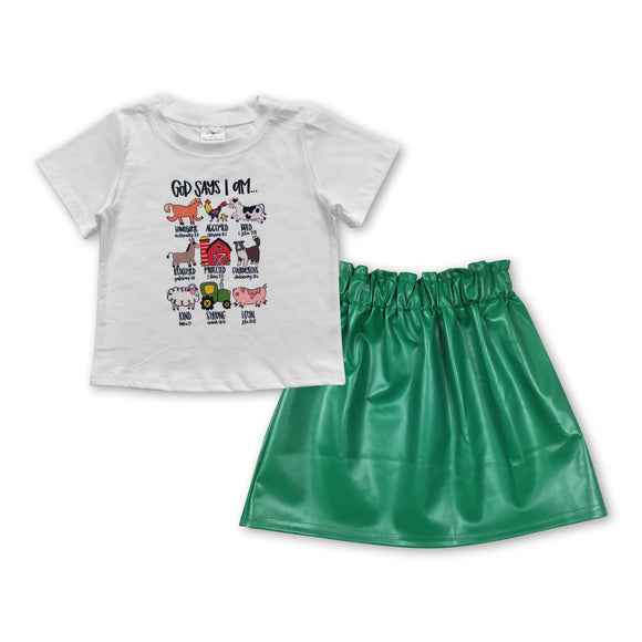 God says I am top green skirt girls clothing set