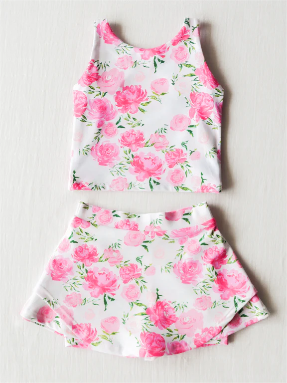 Sleeveless pink flower top skirt girls summer clothes  swimsuit
