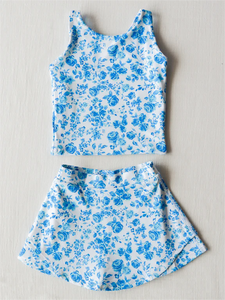 Sleeveless blue flower top skirt girls summer clothes  swimsuit