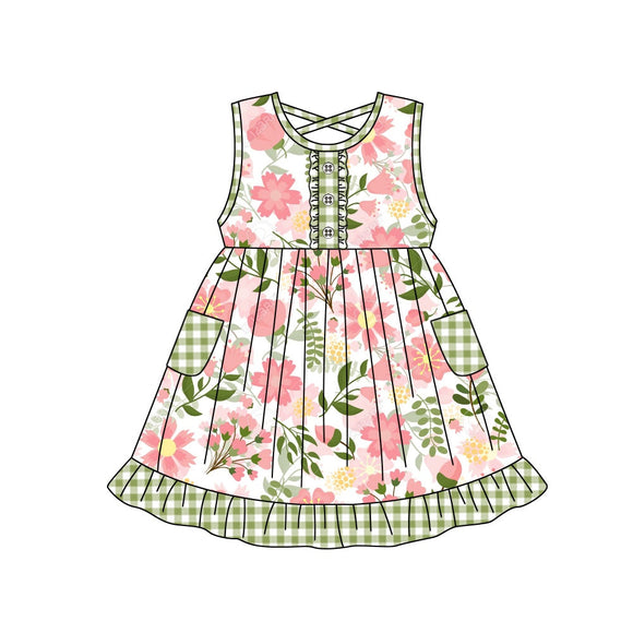 Sleeveless green plaid pockets floral girls dresses