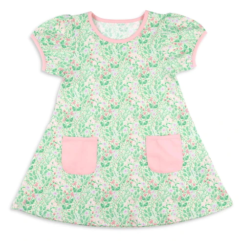 Short sleeves pink pockets green floral girls dresses