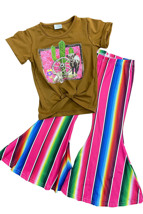 Brown cactus top striped bell bottoms