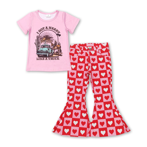 Pink truck top heart plaid jeans girls valentine's outfits