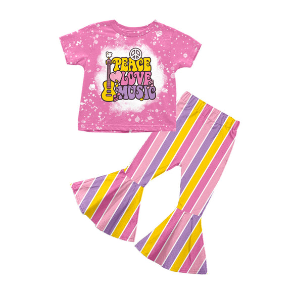 Peace love music guitar top stripe girls clothing set