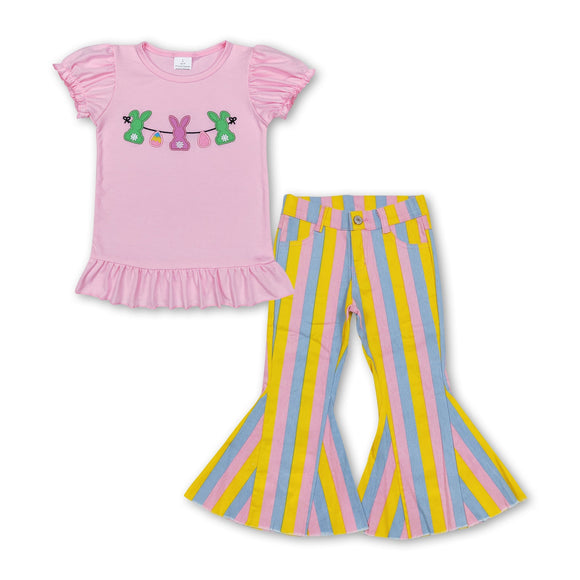 Bunny eggs embroidery top stripe jeans girls easter set