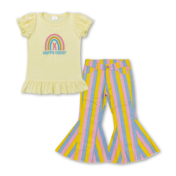 Happy easter embroidery top stripe jeans girls outfits